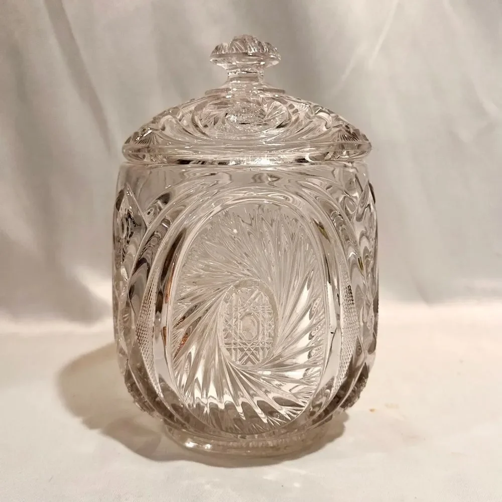 Vintage Pressed Glass Lidded Bowl Pinwheel Star Design